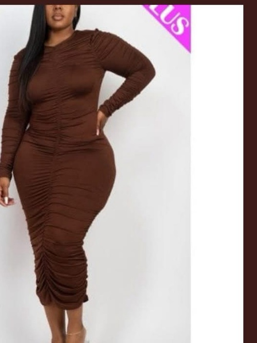 Plus Size Long Sleeve Ruched Midi Dress - Brown